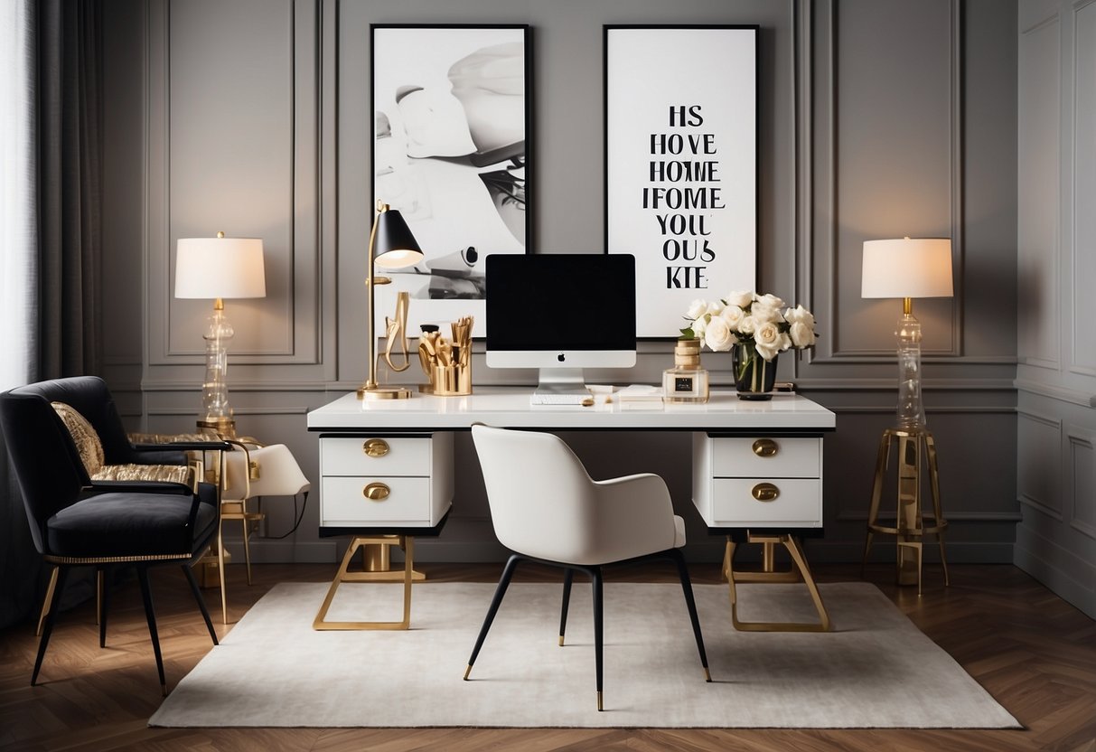 A chic home office with Coco Chanel quote art, elegant desk, and stylish decor