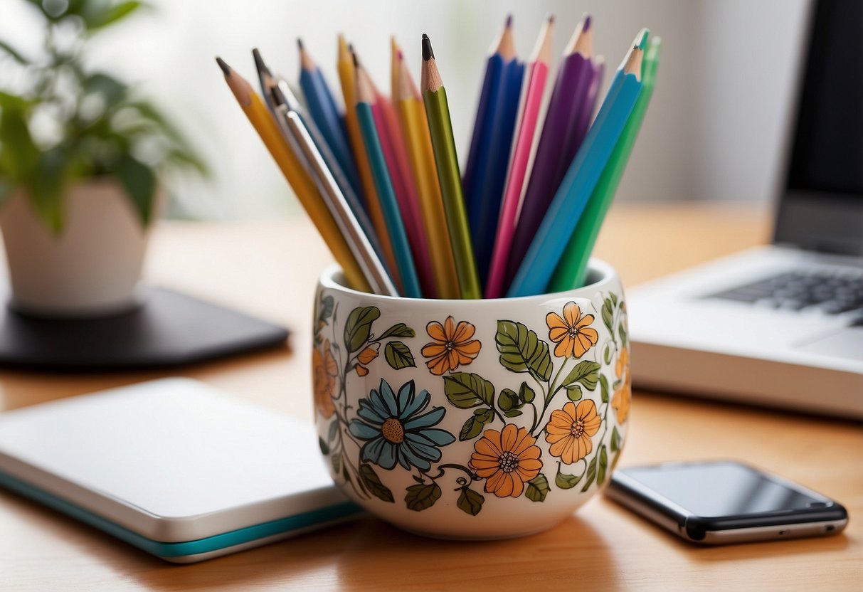 A floral ceramic pen holder sits on a desk, surrounded by office supplies and a potted plant, creating a cozy and organized home office decor for her