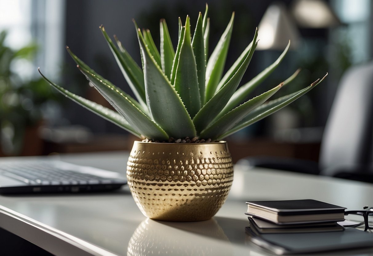 An Aloe Vera plant sits on a sleek desk, surrounded by modern office decor