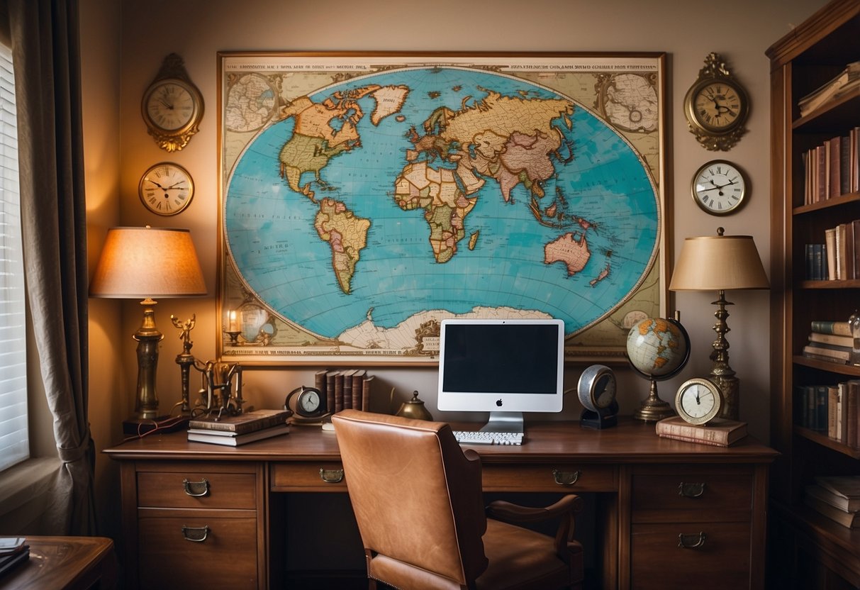 A vintage world map hangs on the wall, surrounded by antique globes and travel books. A cozy home office with feminine decor