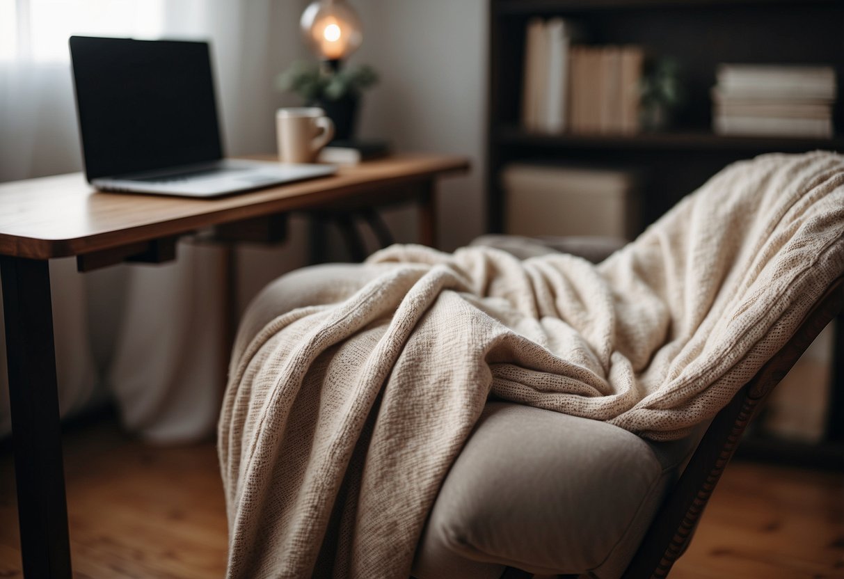 A soft cashmere throw blanket draped over a chair in a cozy home office setting