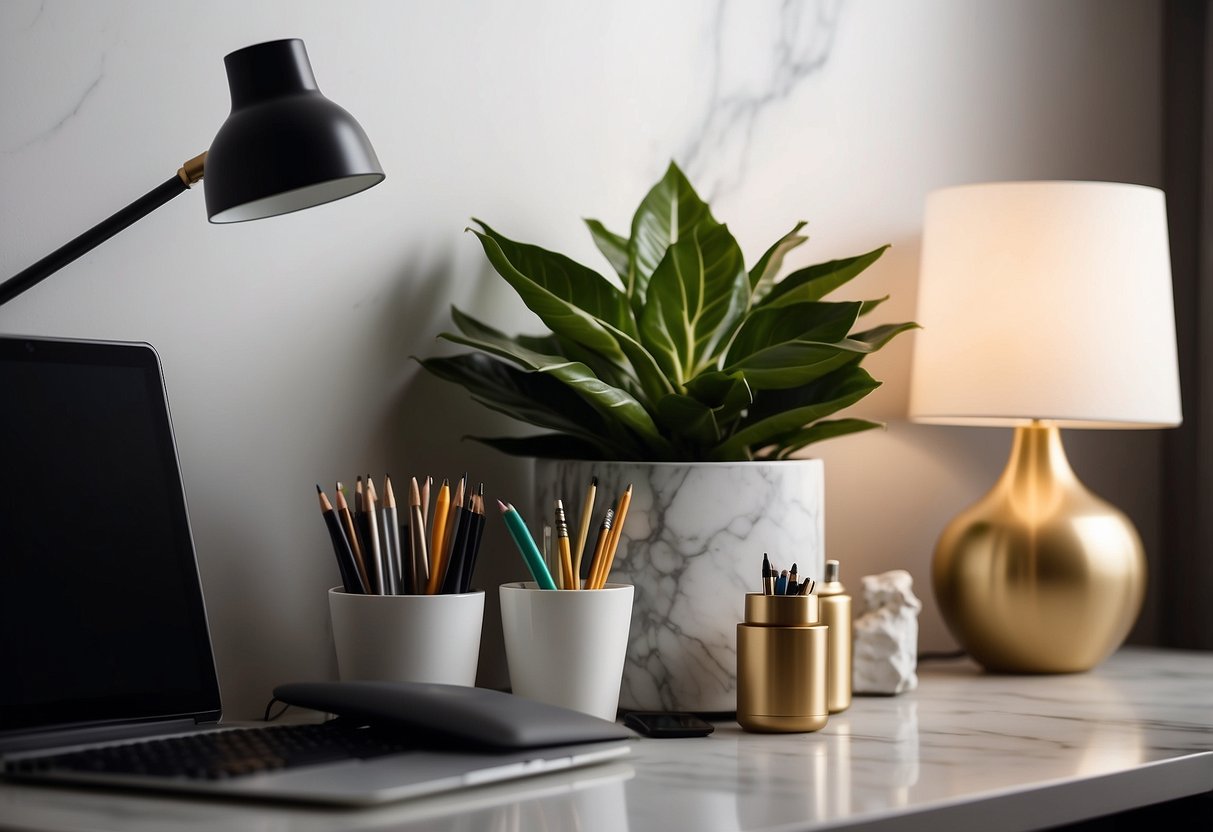 A marble desktop organizer sits on a clean desk, holding pens, notebooks, and other office supplies. A potted plant and a stylish lamp complement the elegant decor