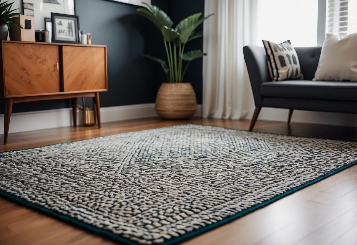 A geometric patterned area rug lays on the floor of a stylish home office, adding a pop of color and texture to the room