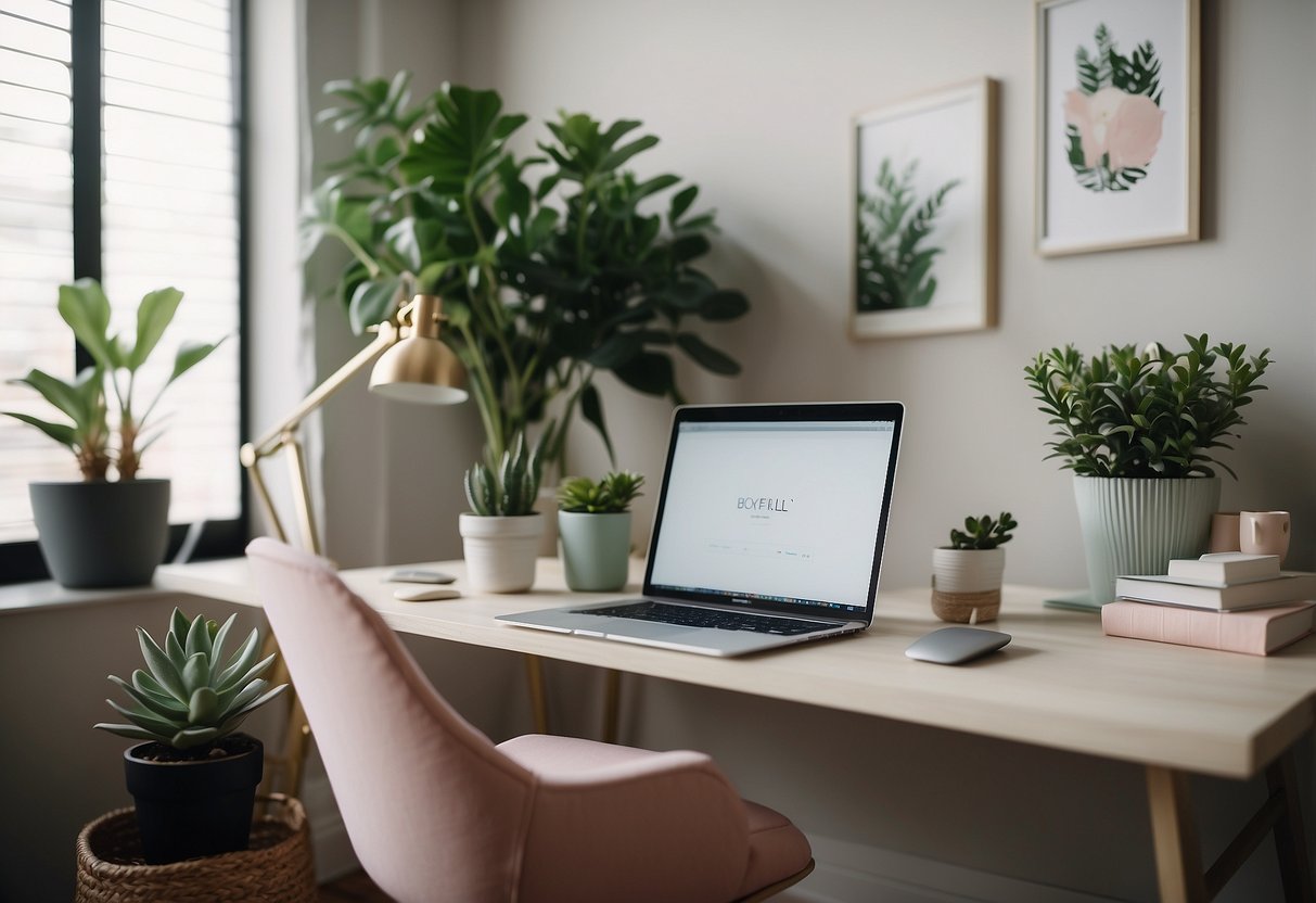 A cozy home office with a neutral color scheme, accented with pops of pastel colors in the decor. A desk with a laptop, plants, and artwork on the walls