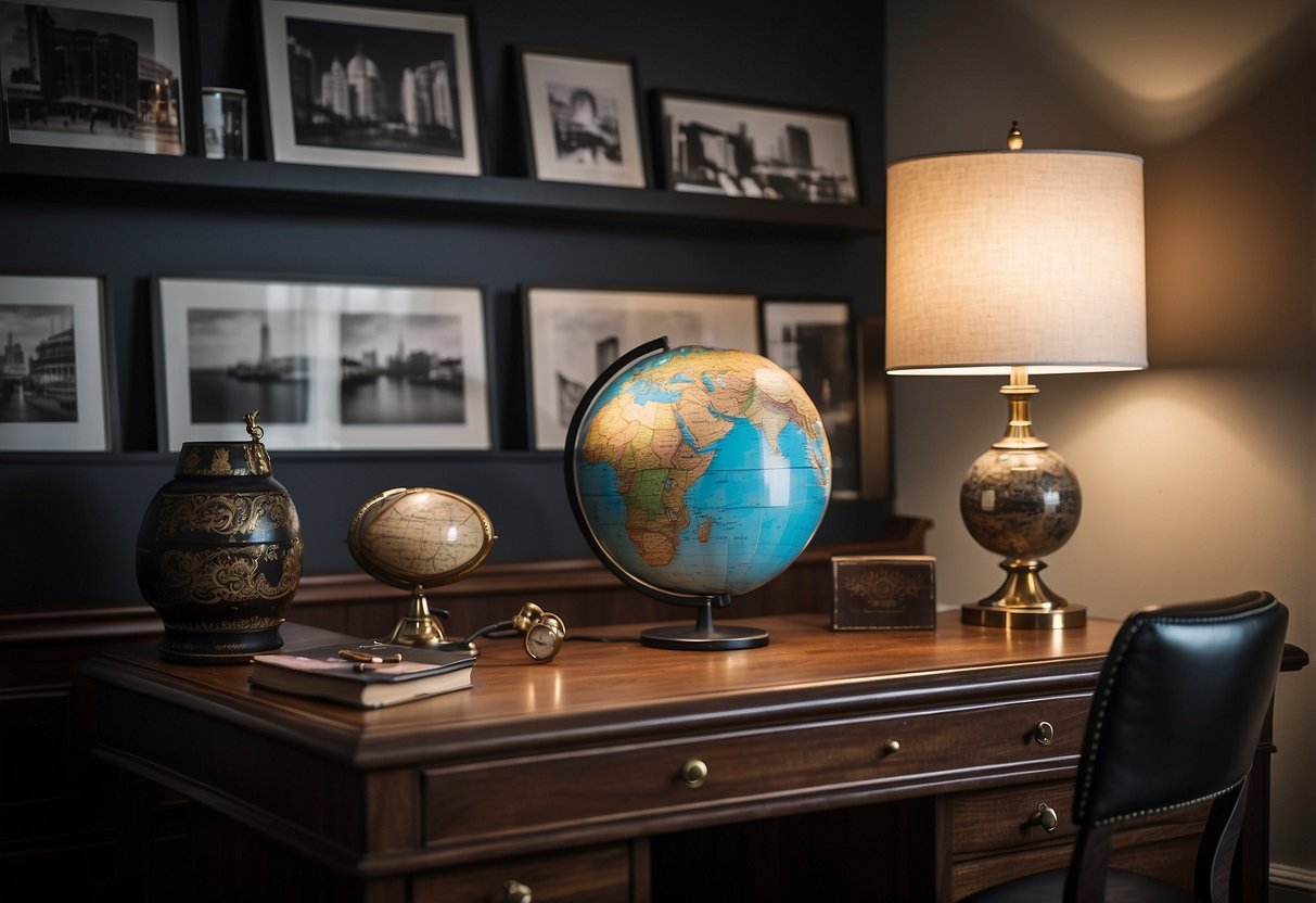 A sleek desk with a leather chair, organized shelves, and masculine art prints. A vintage globe and a stylish desk lamp complete the look