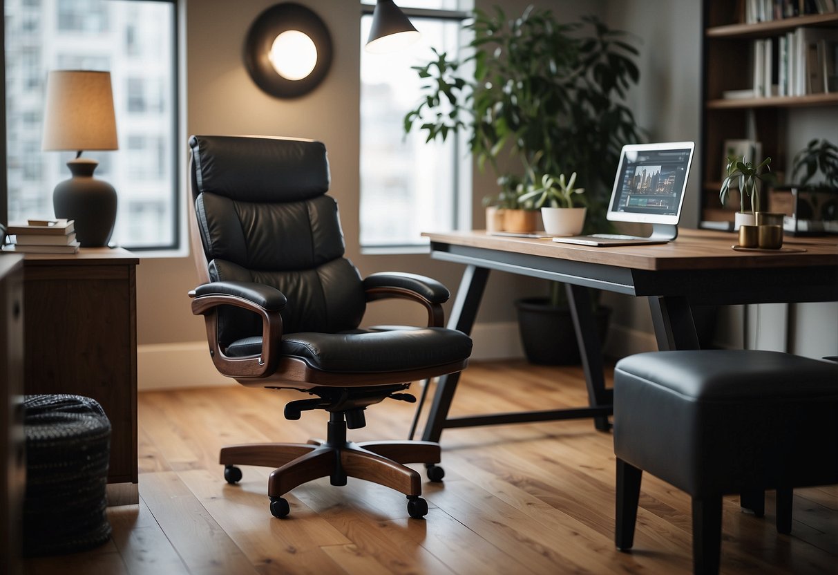 An ergonomic office chair placed in a stylish home office setting with masculine decor