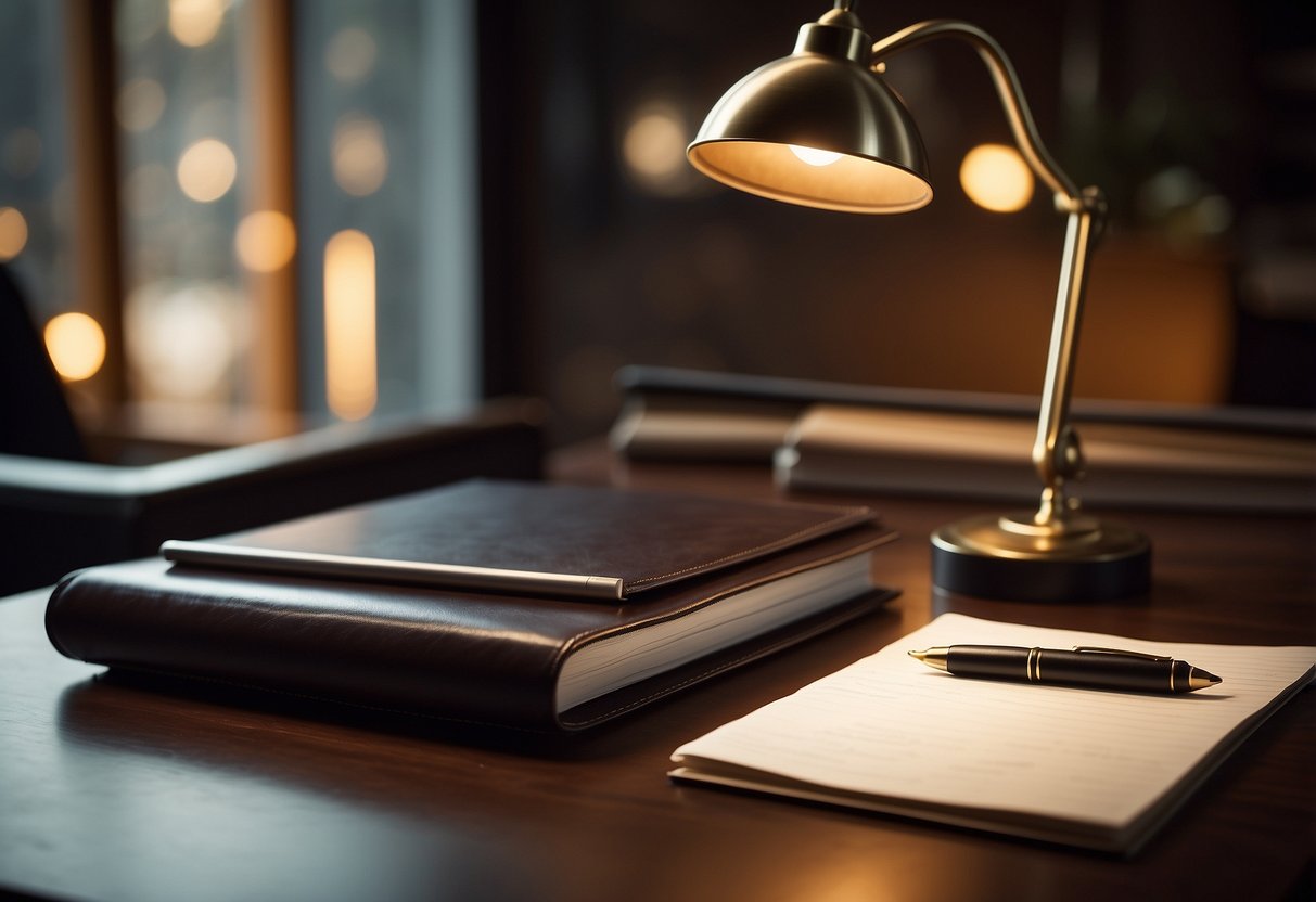 A sleek leather desk pad sits on a wooden desk, adorned with a pen holder and a stack of papers. A desk lamp casts a warm glow on the luxurious surface