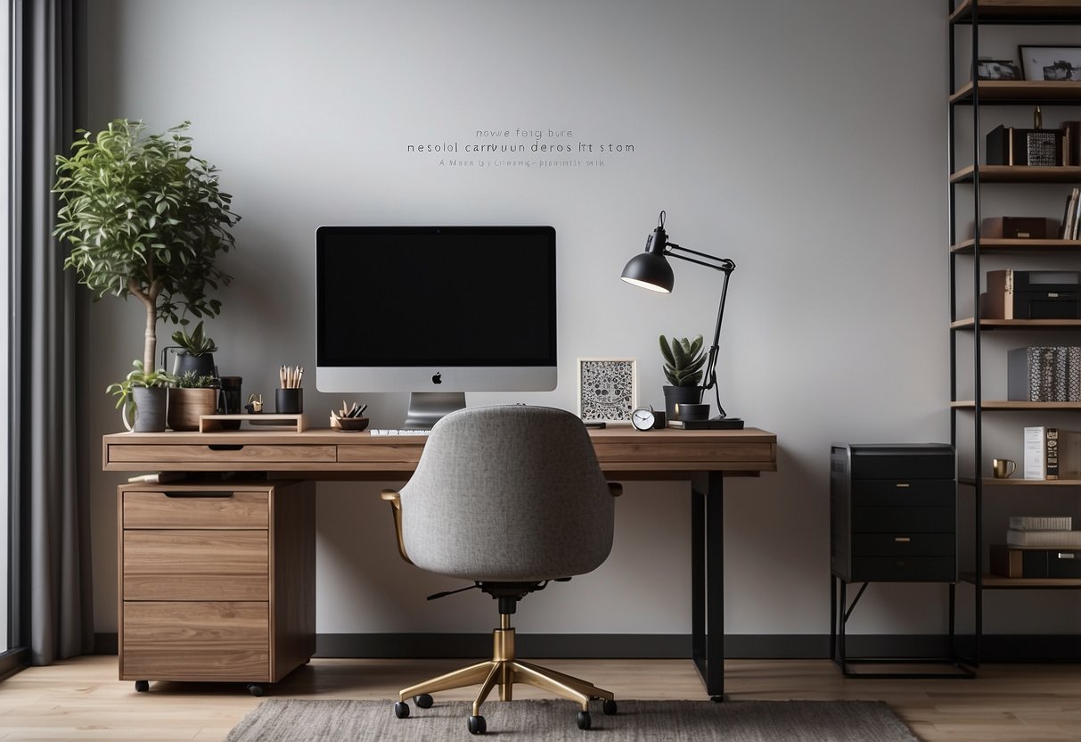 A sleek desk with a motivational quote plaque, surrounded by modern office decor and tech gadgets. A cozy chair and minimalist artwork complete the stylish home office setup