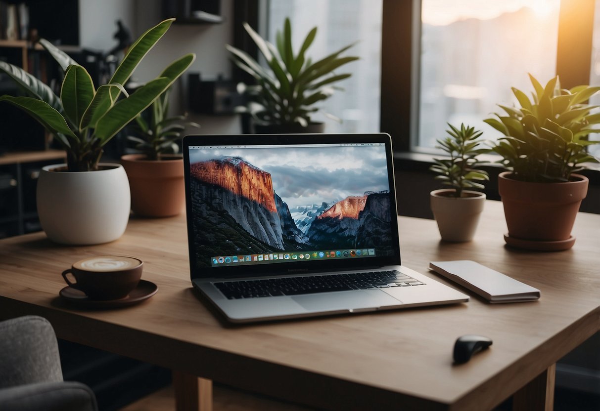 A laptop, notebook, and potted plant sit on a standing desk converter in a well-lit home office with minimalist decor