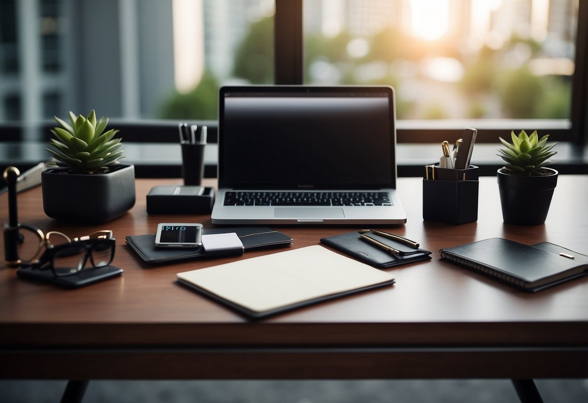 A sleek faux leather desk organizer sits on a modern desk, holding pens, notebooks, and other office supplies