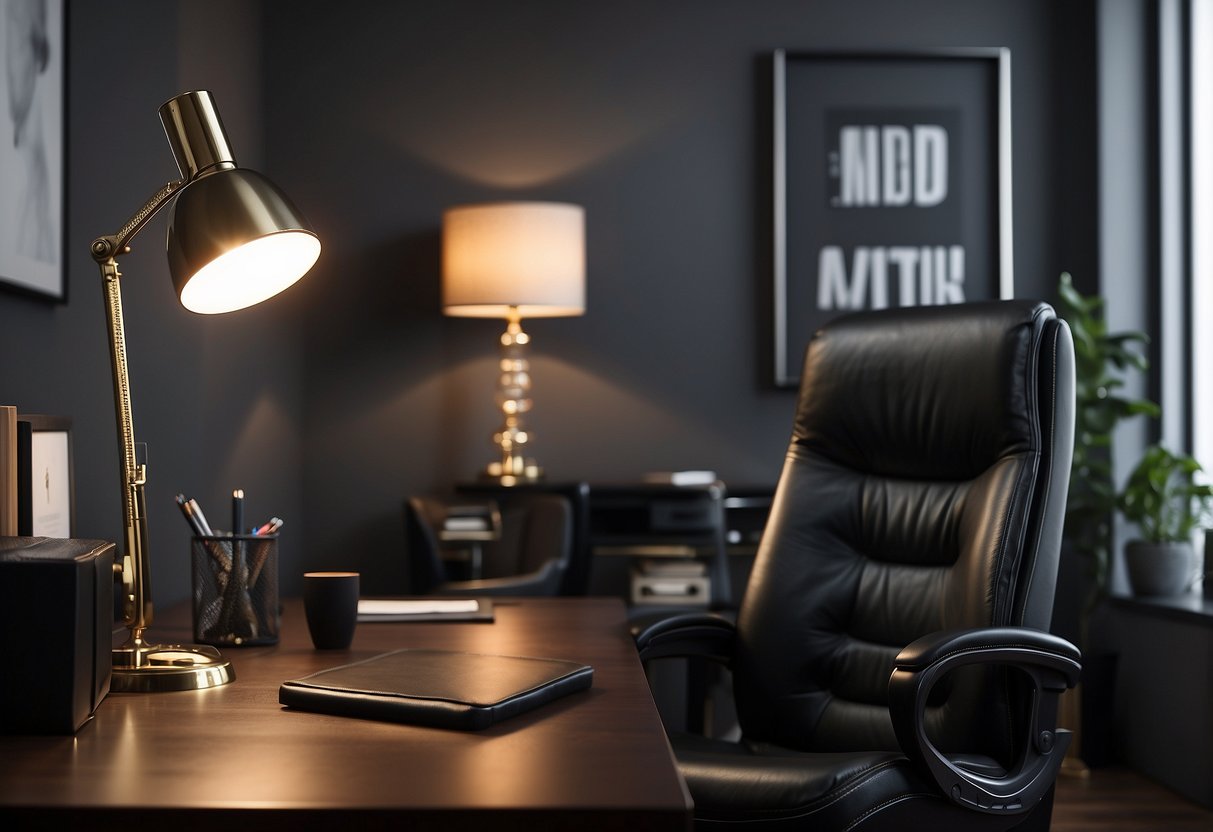 A sleek desk with a personalized name plate, a stylish pen holder, and a modern desk lamp. A leather chair and a framed motivational quote complete the sophisticated home office decor