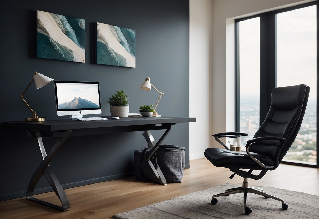 A modern desk with a sleek computer, abstract art canvas on the wall, minimalistic decor, and a comfortable chair in a well-lit home office