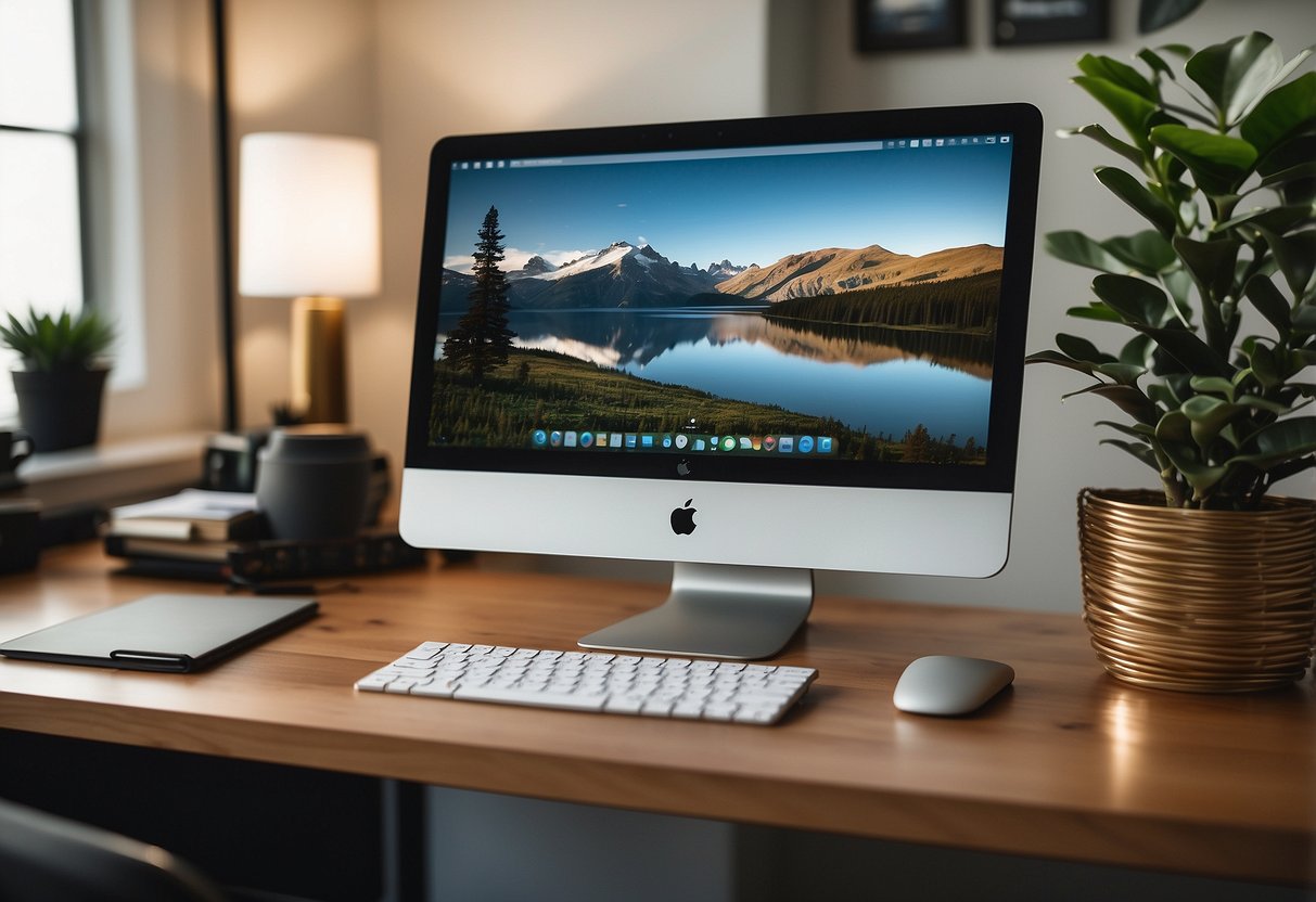 A wooden monitor stand sits on a clean desk in a home office, surrounded by a laptop, notepad, and pen. The stand is simple yet elegant, adding a touch of sophistication to the workspace