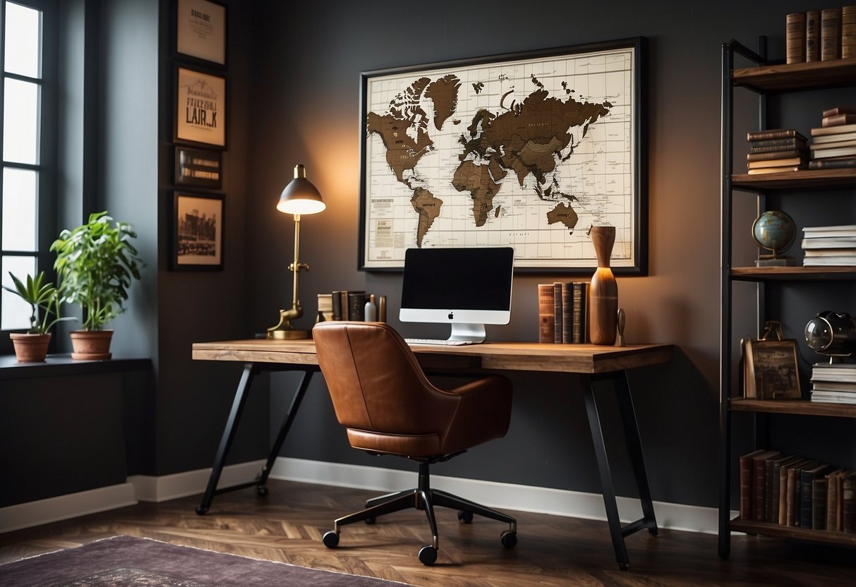 A sleek desk with masculine decor, a leather chair, and industrial shelving filled with books and gadgets. A framed vintage map and a stylish desk lamp complete the look