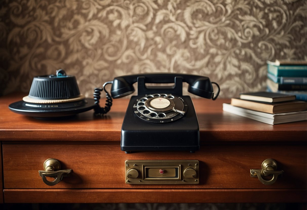 A wooden desk with a rotary phone, typewriter, and vinyl record player. Shag carpeting, macramé wall hangings, and earth-toned wallpaper