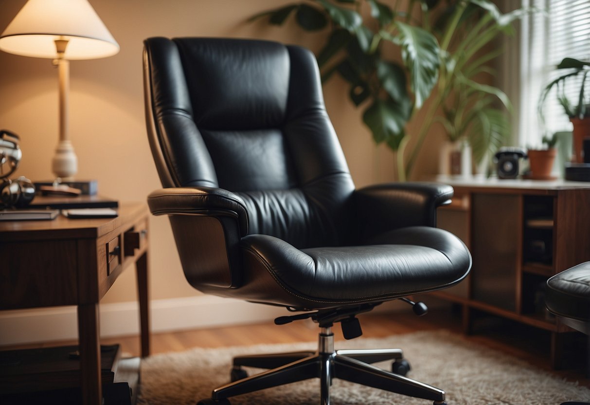 A sleek ergonomic office chair sits in a 1970s home office, surrounded by vintage decor and design elements