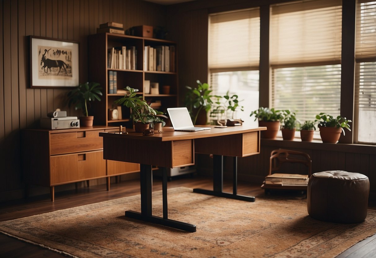 A 1970s home office with a standing desk converter, featuring earthy tones, wood paneling, shag carpet, and vintage decor