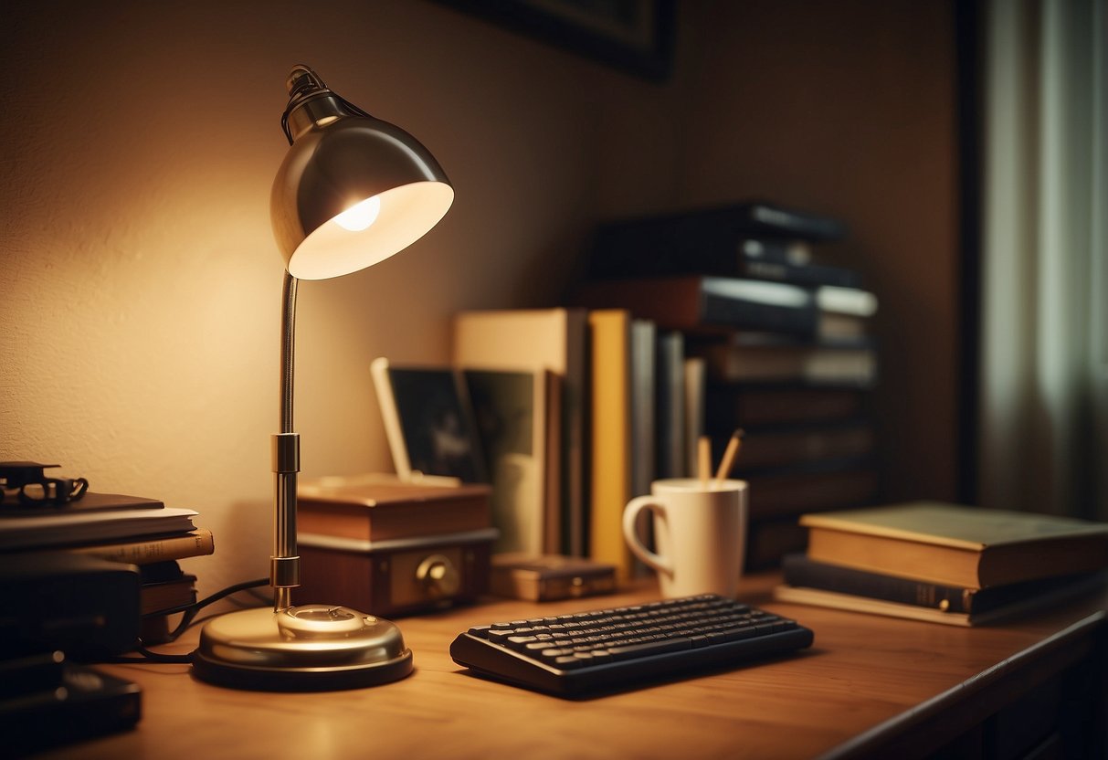 A vintage adjustable desk lamp illuminates a 1970s home office, casting a warm glow on a cluttered desk and retro decor