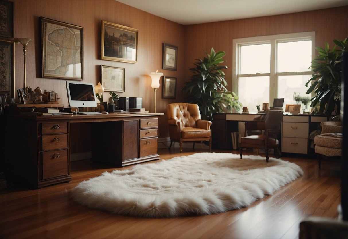 A faux fur rug lays on the floor of a 1970s home office, surrounded by vintage decor and furniture