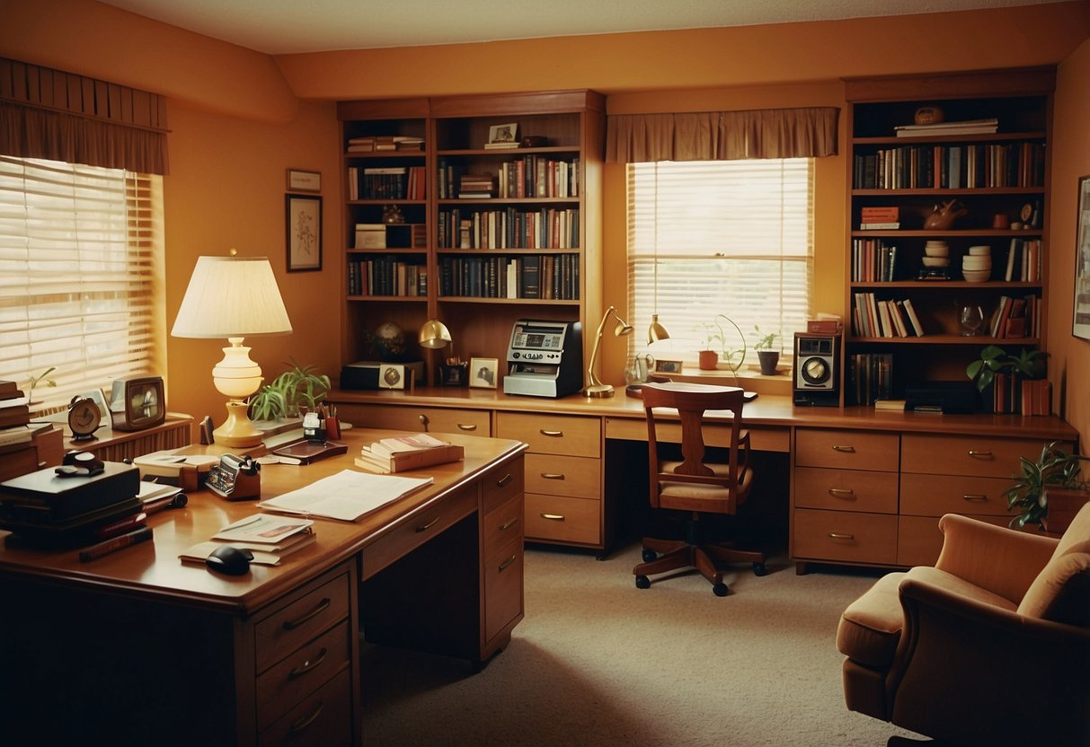 A 1970s home office with floating shelves, vintage decor, and bold colors