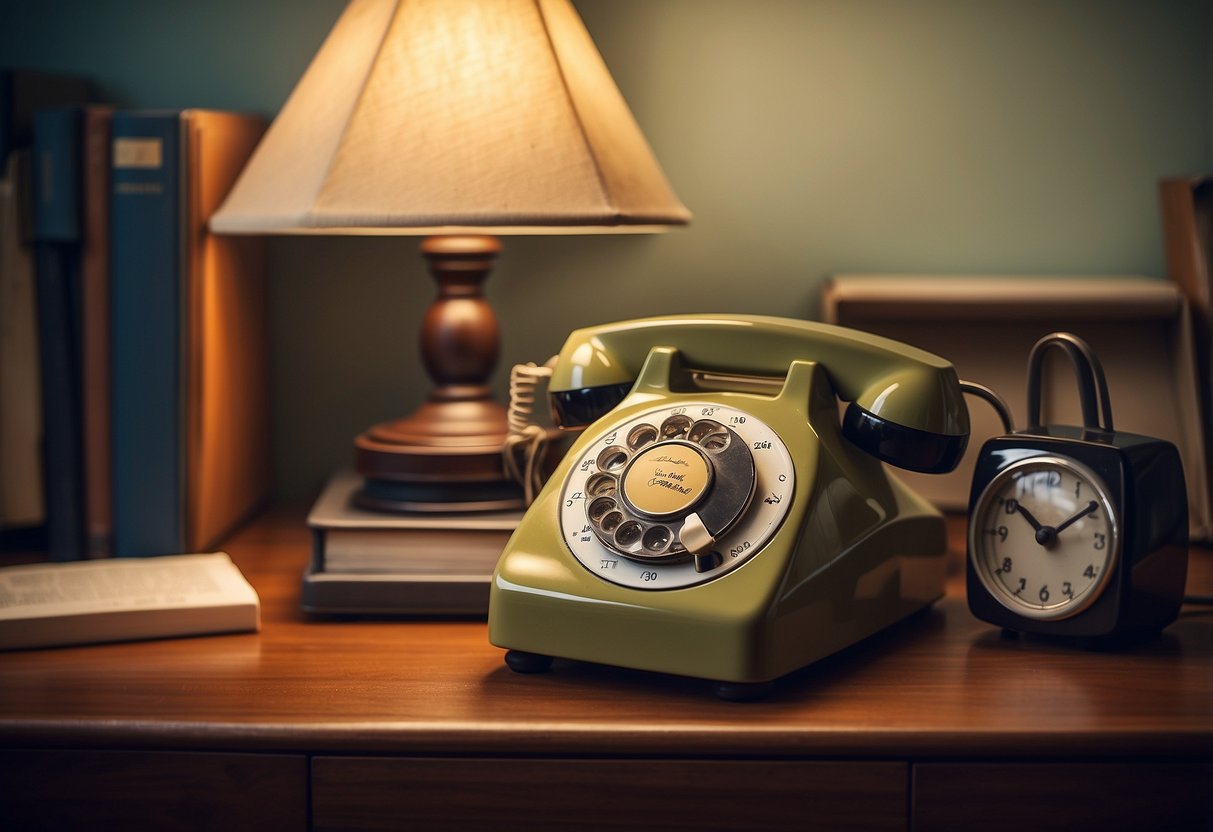 A simple wooden desk organizer sits on a sleek 1970s desk. A vintage rotary phone and retro desk lamp complete the minimalist office decor