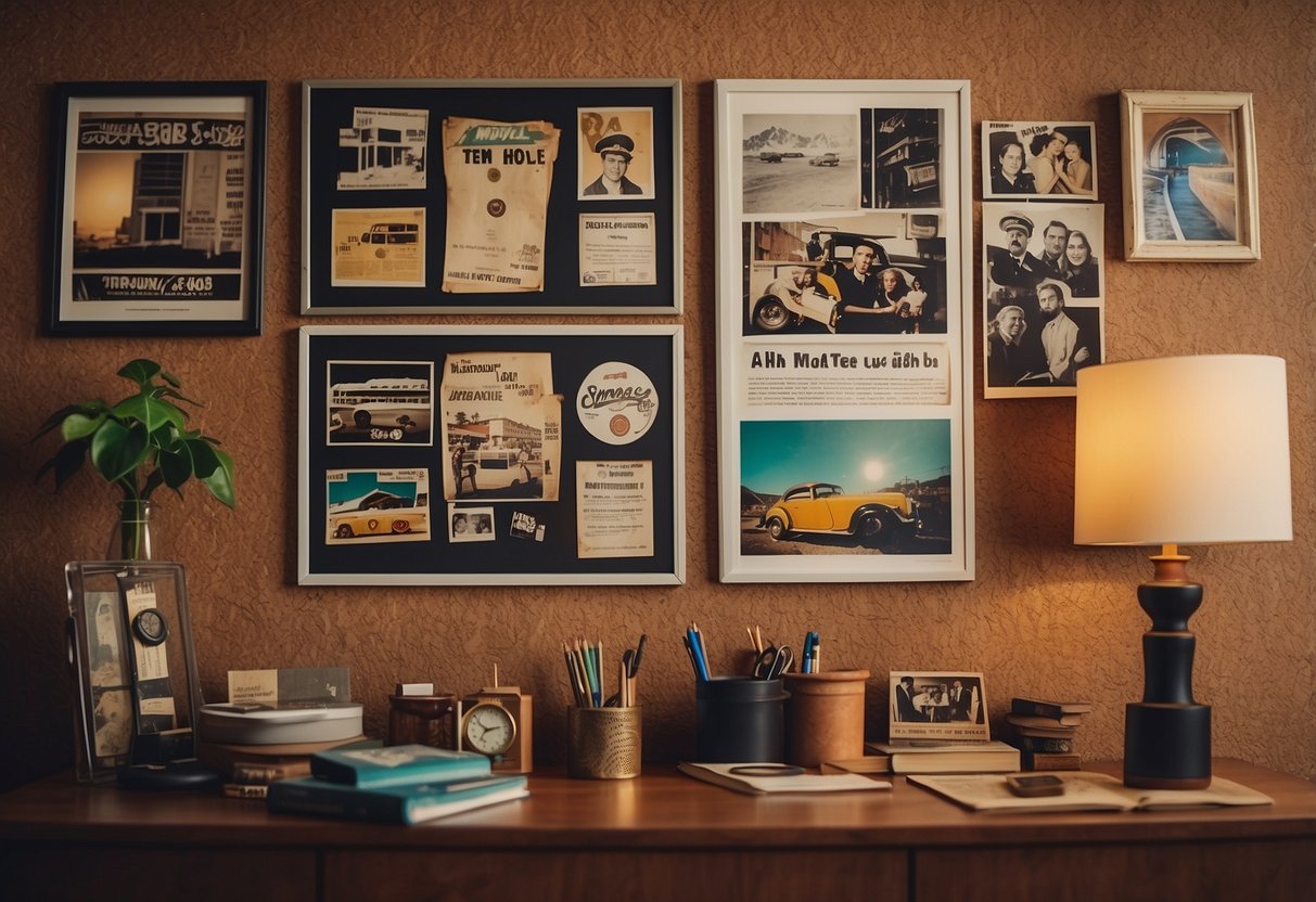 A corkboard wall adorned with vintage posters and polaroids in a 1970s home office setting