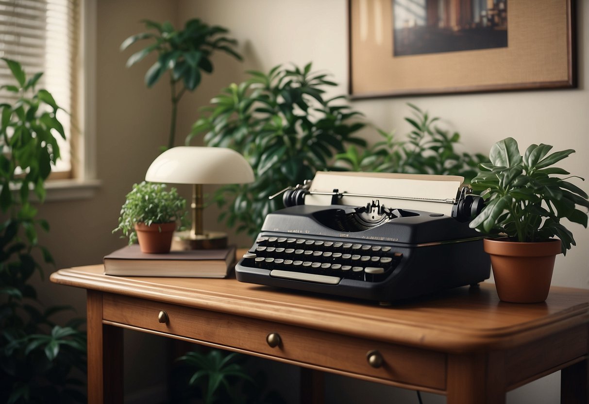 A vintage desk with typewriter, potted plants, and motivational wall art in a 1970s home office