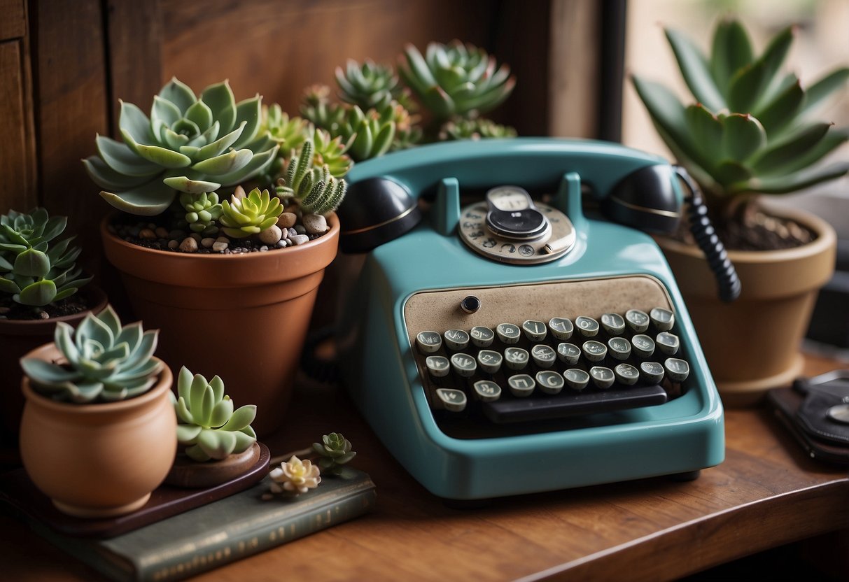 A vintage wooden desk with a variety of succulents in colorful ceramic planters. A retro rotary phone and a typewriter sit nearby