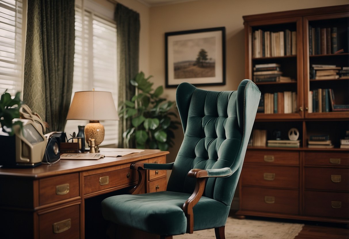 A velvet desk chair sits in a 1970s home office, surrounded by vintage decor and design elements