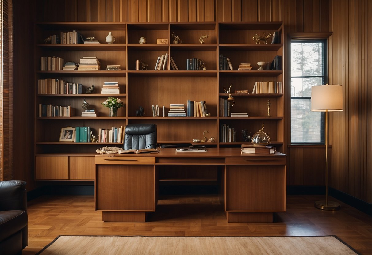 A geometric bookshelf stands against a wood-paneled wall in a 1970s home office, adorned with vintage decor and accessories