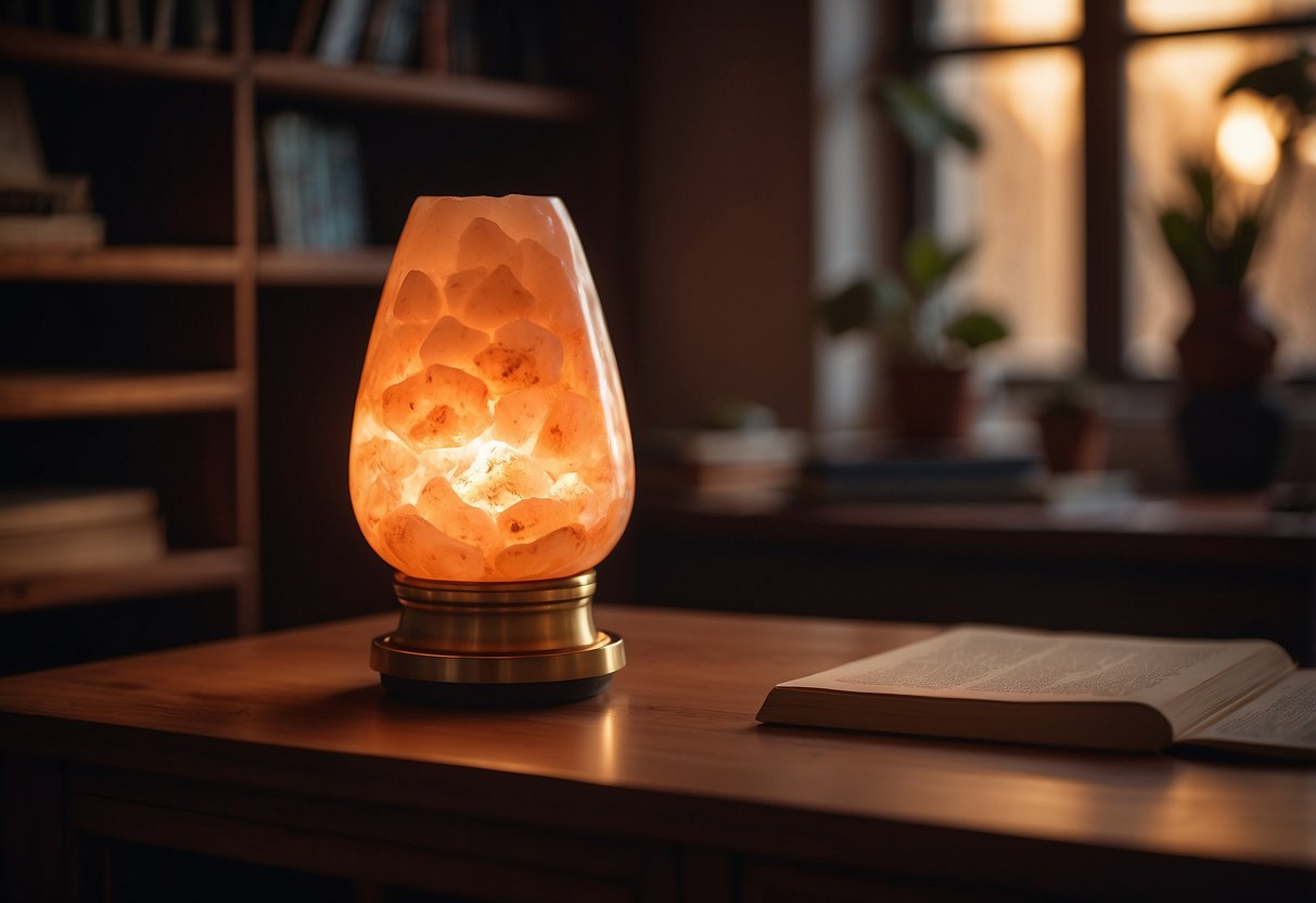 A Himalayan salt lamp sits on a wooden desk in a 1970s home office, casting a warm, soft glow over the vintage decor