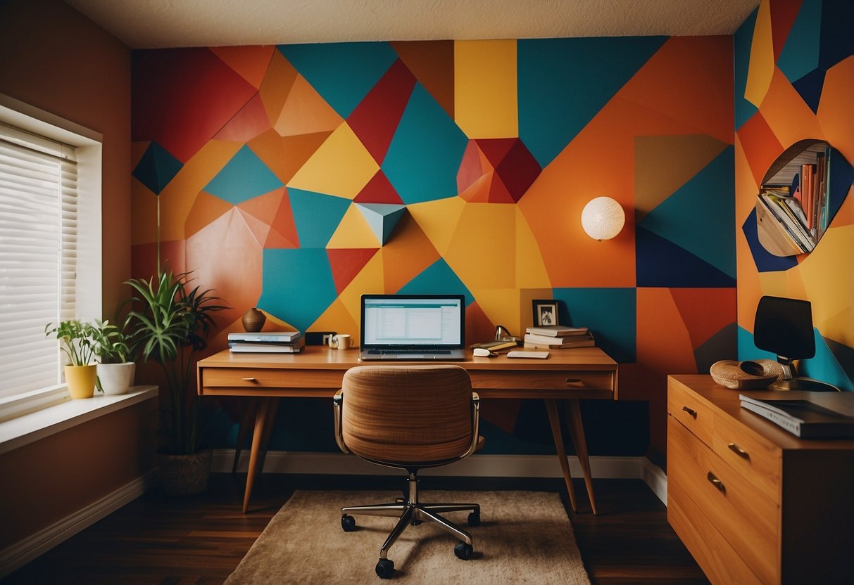 Colorful geometric shapes adorn the walls of a 1970s home office, creating a vibrant and abstract atmosphere