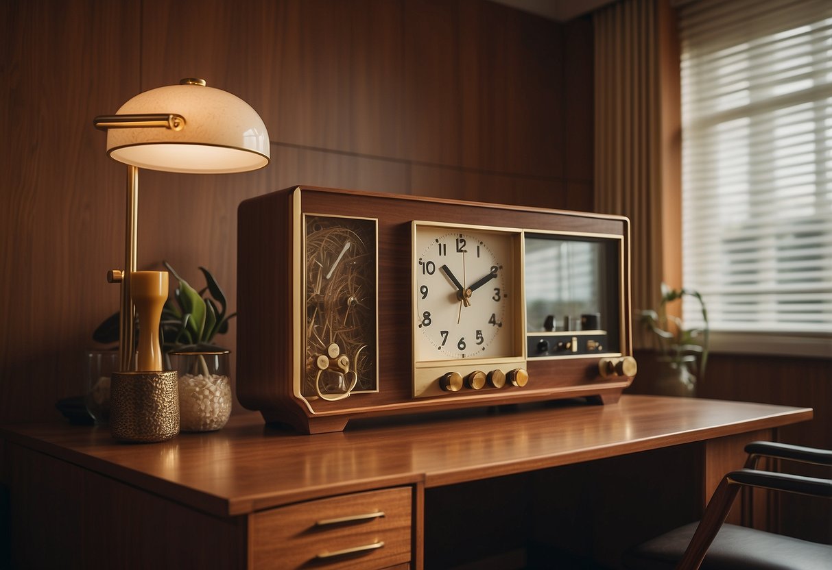 A mid-century modern clock sits on a sleek desk in a 1970s home office, surrounded by geometric patterns and earthy tones