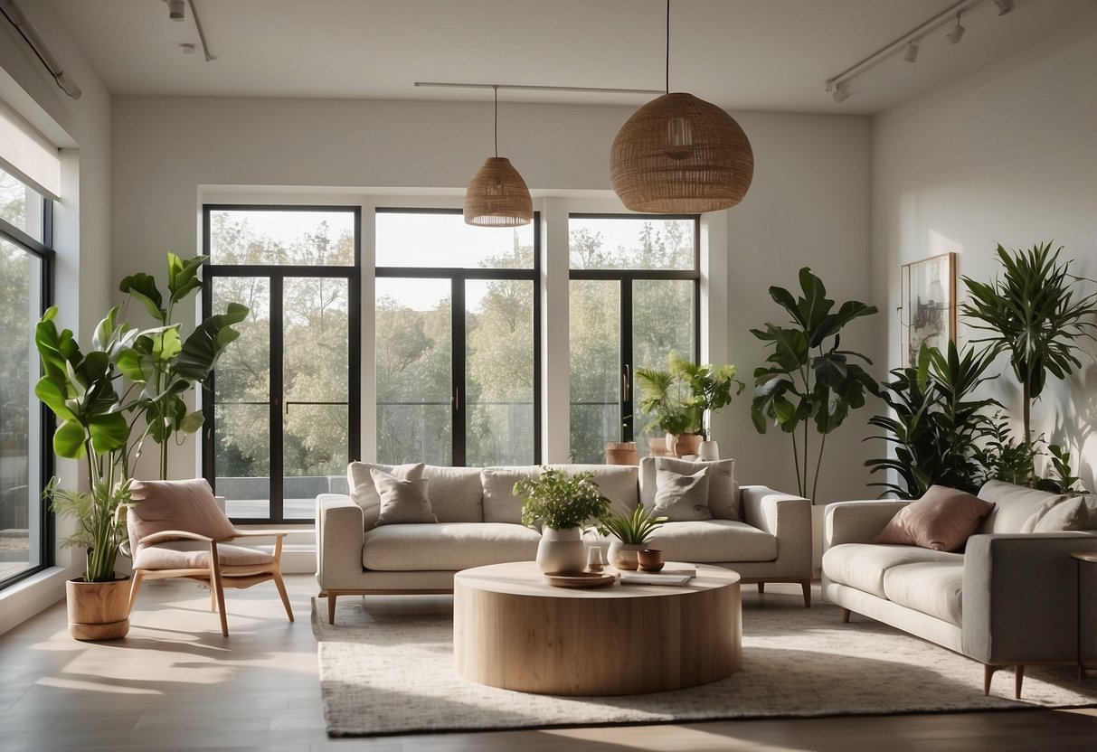 A spacious open plan living area with a modern, minimalist design. Neutral color scheme with pops of greenery and natural textures. Large windows let in plenty of natural light, creating a bright and airy atmosphere