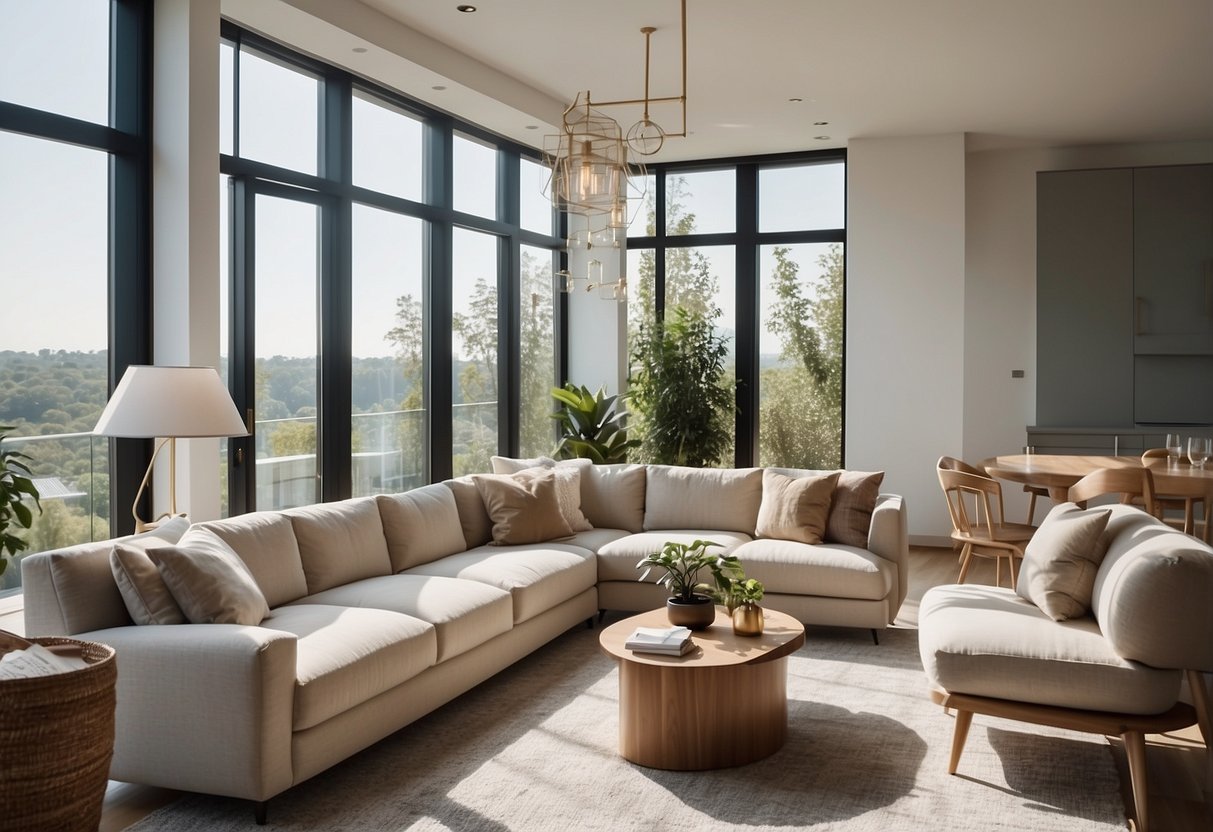 An open plan living space with light-colored furniture and decor to maximize the feeling of space. Natural light floods in through large windows, creating a bright and airy atmosphere