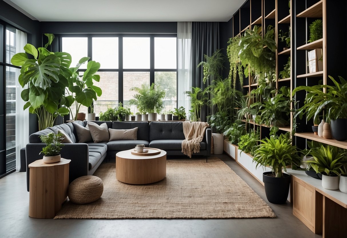 An open living space with tall, sleek plant storage dividers separating different areas. The dividers are adorned with lush greenery and modern decor, creating a fresh and stylish atmosphere