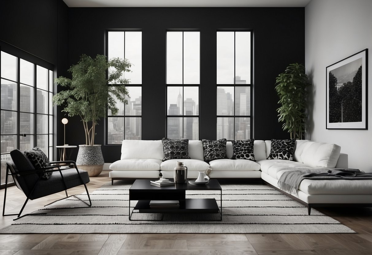 A modern living room with monochrome furniture and geometric patterns. Bold contrasts of black and white create a sleek and sophisticated atmosphere