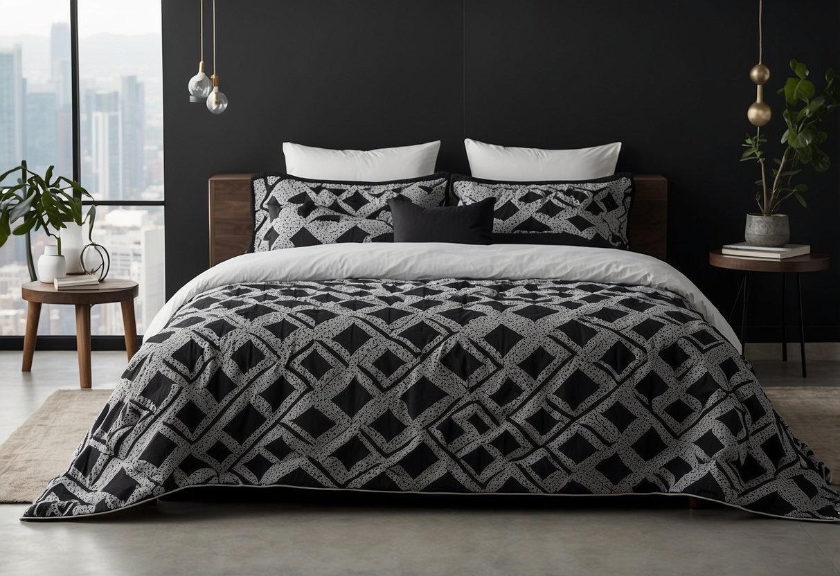 A geometric black and white bedspread lays neatly on a modern bed in a minimalist bedroom