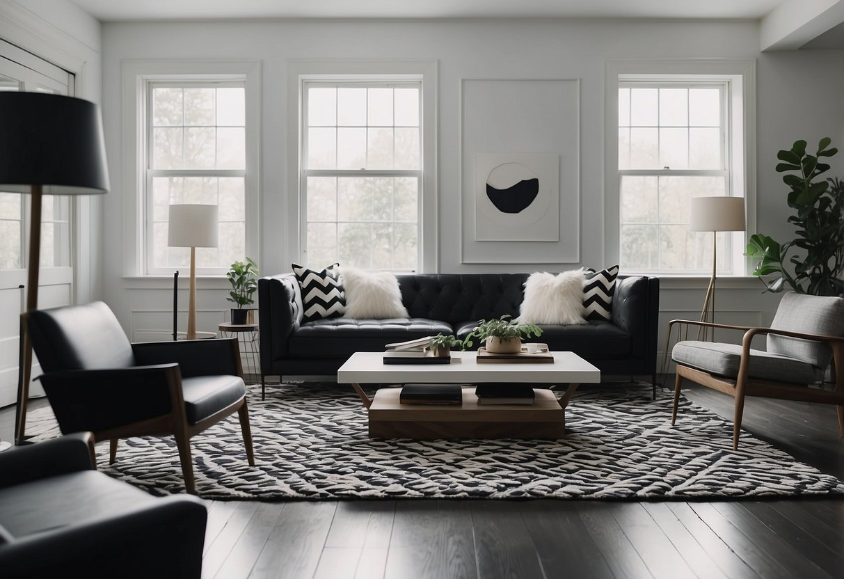 A modern living room with a black and white patterned area rug, sleek furniture, and minimalist decor