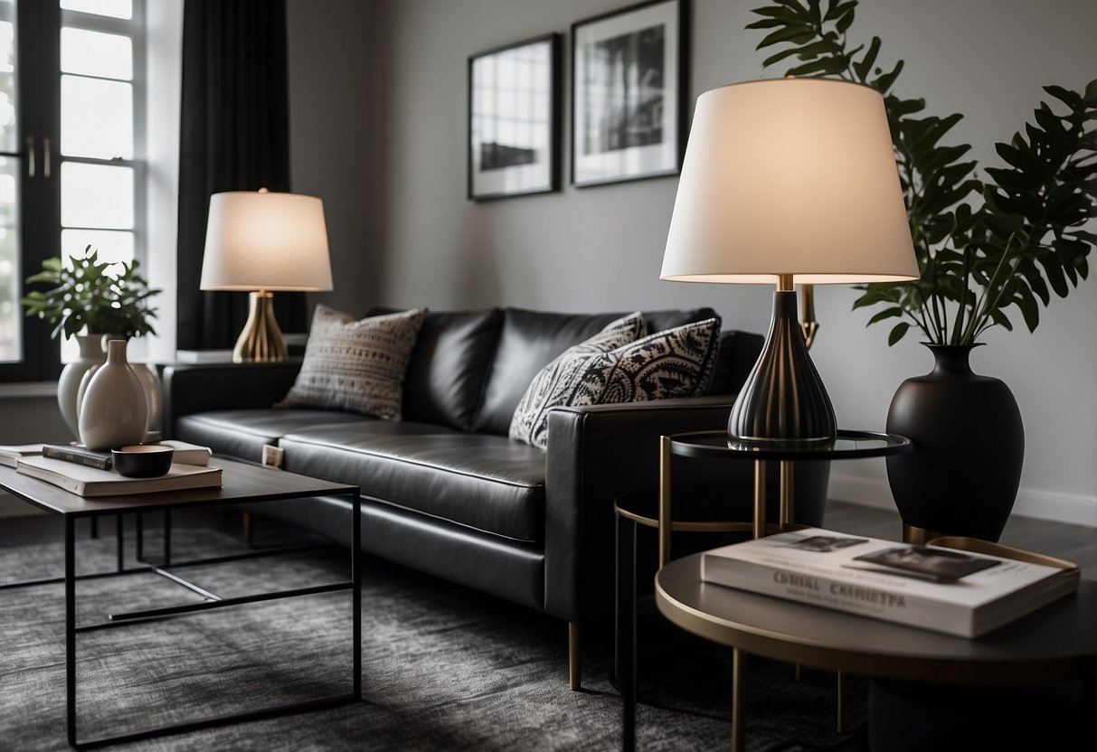 Two-Toned Lamps illuminate a modern living room, contrasting black and white decor, creating a sleek and stylish ambiance