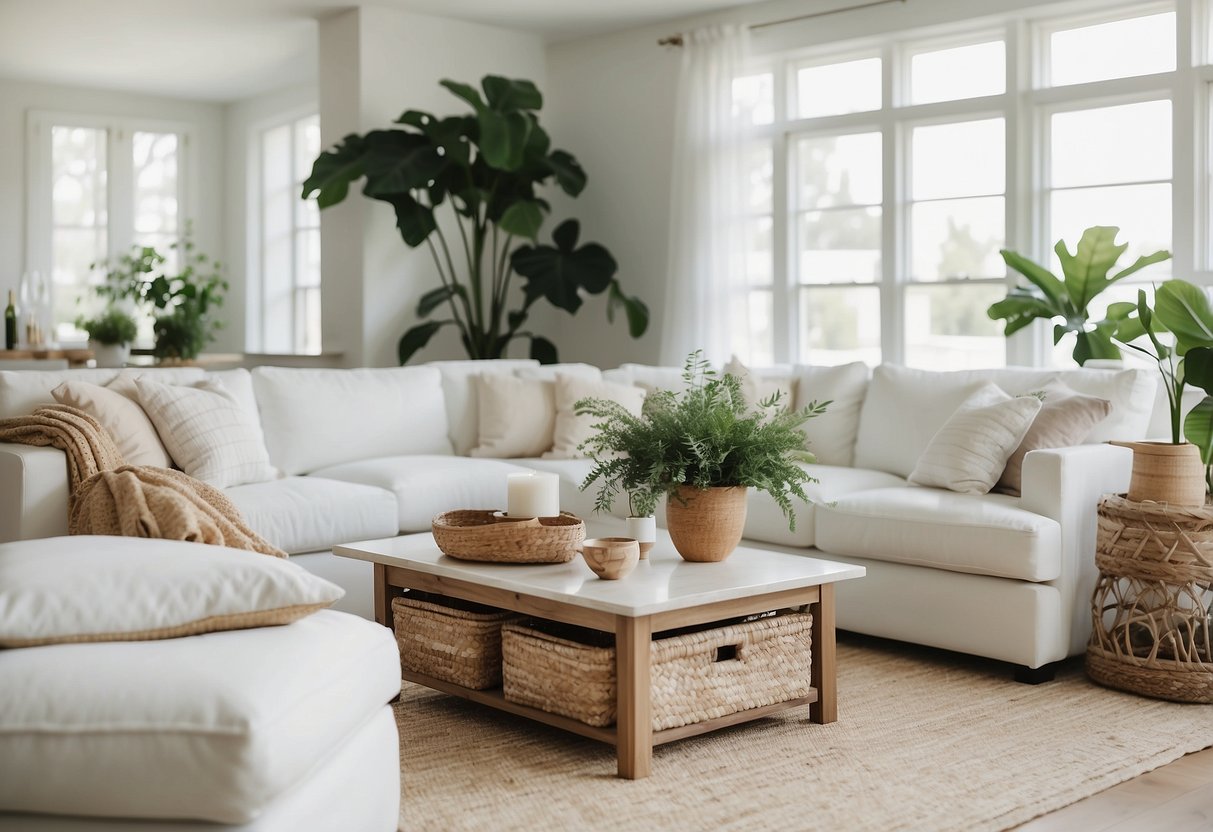 A bright, airy living room with white furniture, minimalistic decor, and touches of greenery