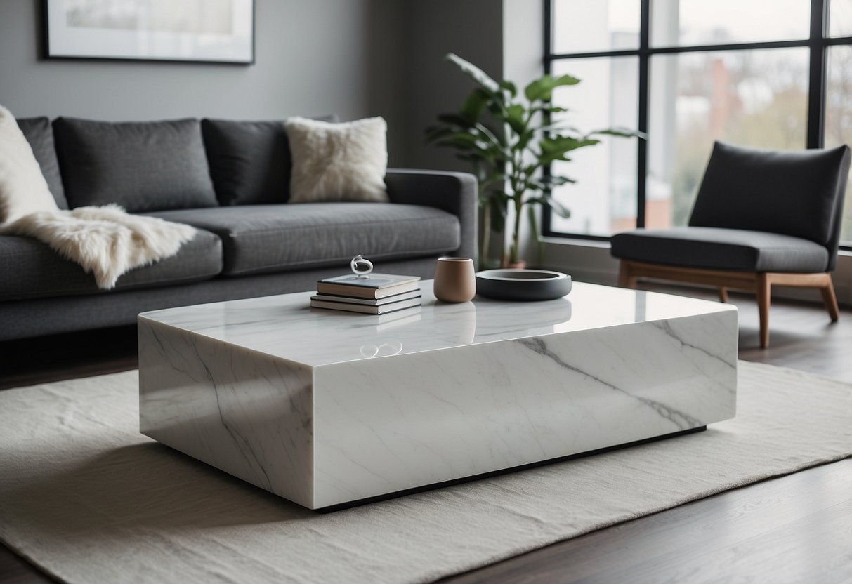 A sleek white marble coffee table sits in a minimalist living room, surrounded by modern white home decor