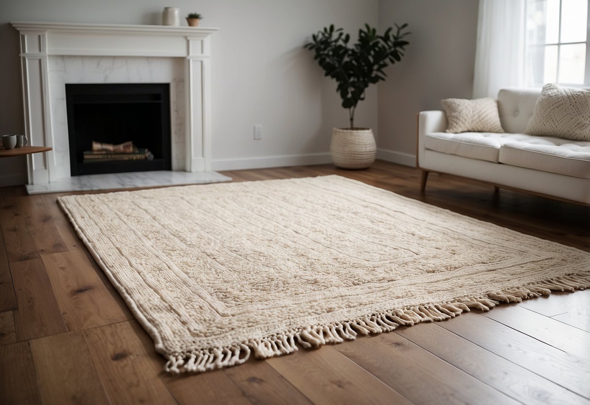 A beige and white area rug lies on a hardwood floor, surrounded by minimalist white home decor