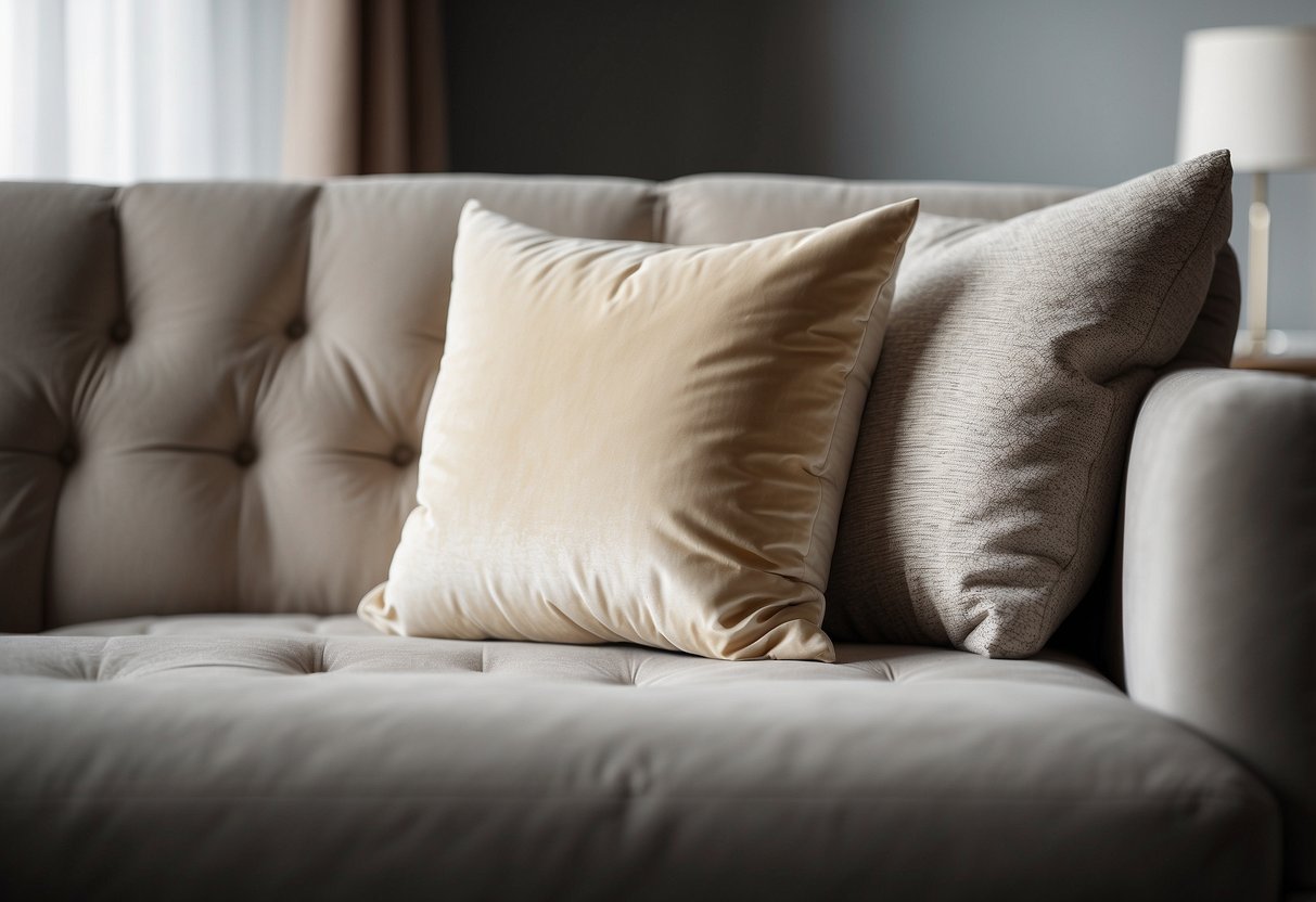 A white ivory velvet throw pillow sits on a pristine couch in a minimalist living room, adding a touch of elegance to the home decor