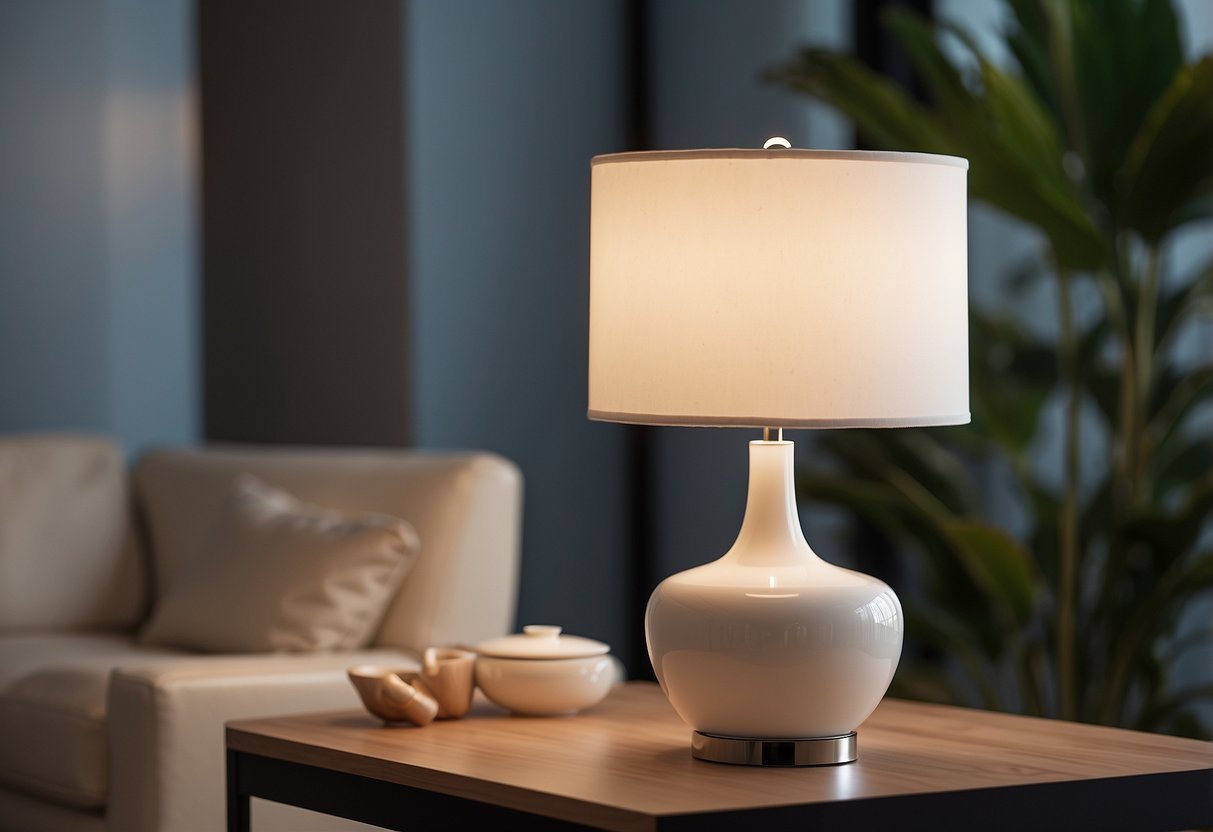 A white ceramic table lamp sits on a clean, modern table. The lamp is simple and elegant, adding a touch of brightness to the room