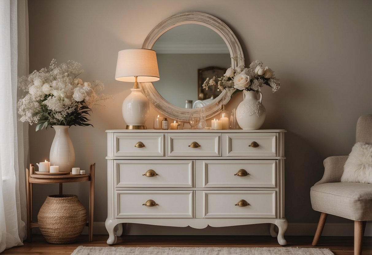 A vintage white dresser sits against a neutral background, adorned with delicate home decor items such as vases, candles, and picture frames