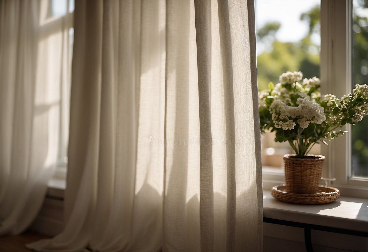 Linen white curtains billow in a sunlit room, casting a soft and airy ambiance