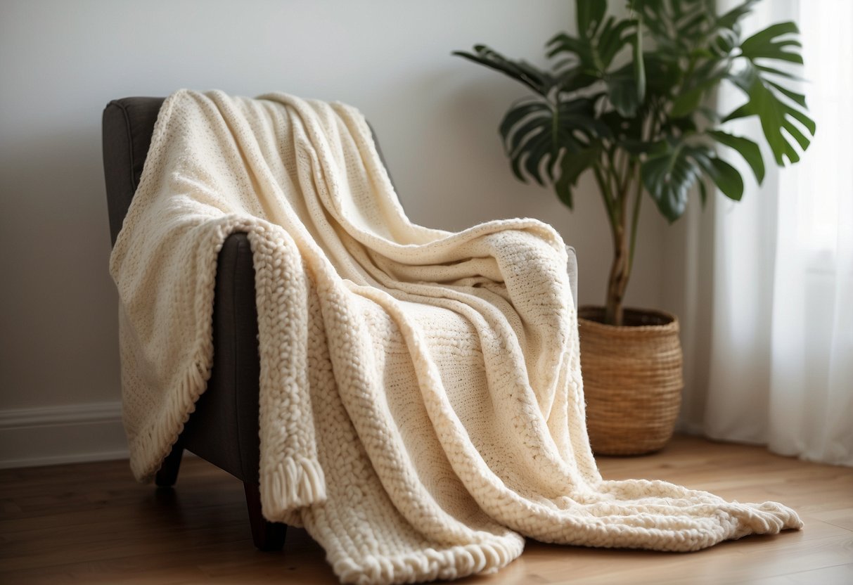 A cream knit blanket drapes over a cozy armchair in a bright, airy living room, adding warmth and texture to the white home decor