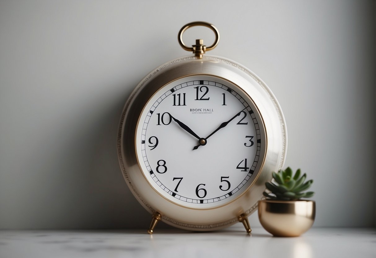 A pearl white wall clock hangs against a clean white wall, adding a touch of elegance to the minimalist home decor