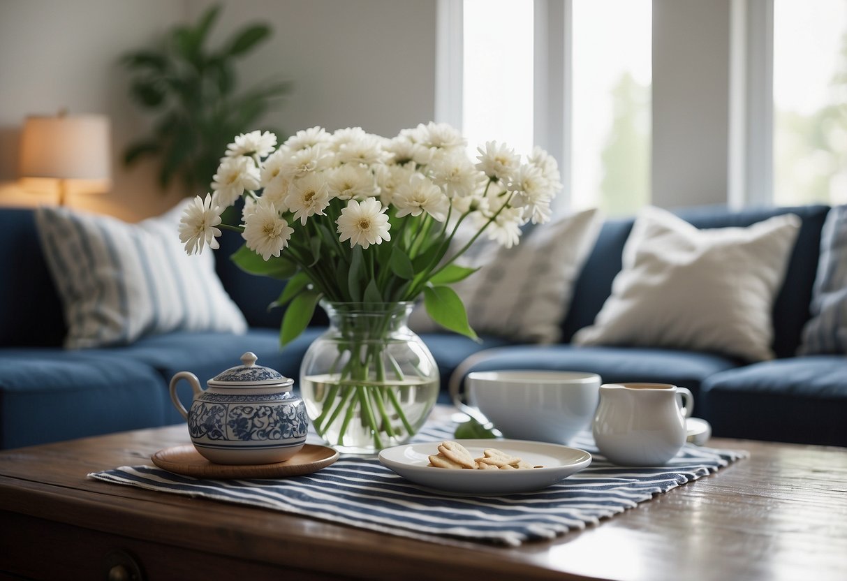 A cozy living room with blue and white throw pillows, a striped rug, and a vase of white flowers on a coffee table